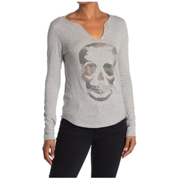 💕ZADIG & VOLTAIRE💕 Tunisien Skull Long Sleeve T-Shirt - Gris Chine Gray M NWT - Picture 1 of 12